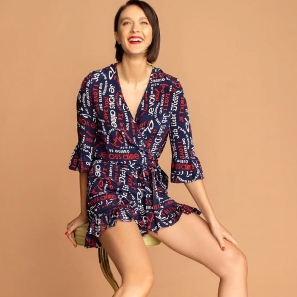 TRINA TURK Te Amo Love Ruffled Silk Romper Size Small